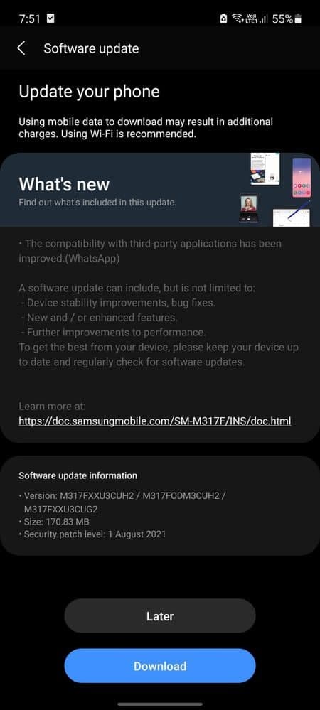 Samsung Galaxy M31s August update WhatsApp improvements