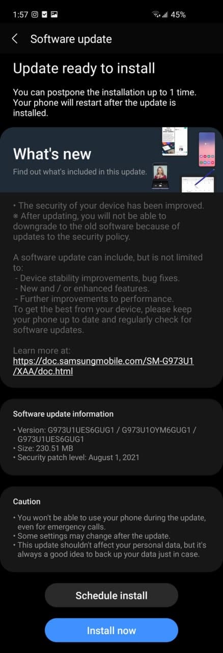 Samsung Galaxy S10 August 2021 Security Update
