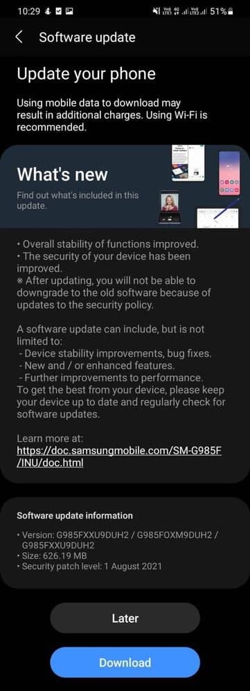 Samsung Galaxy S20 August 2021 Security Update India