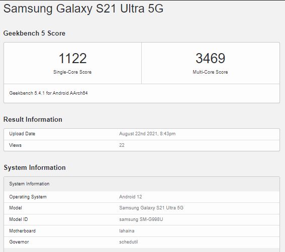 Galaxy S21 Ultra Android 12 Geekbench