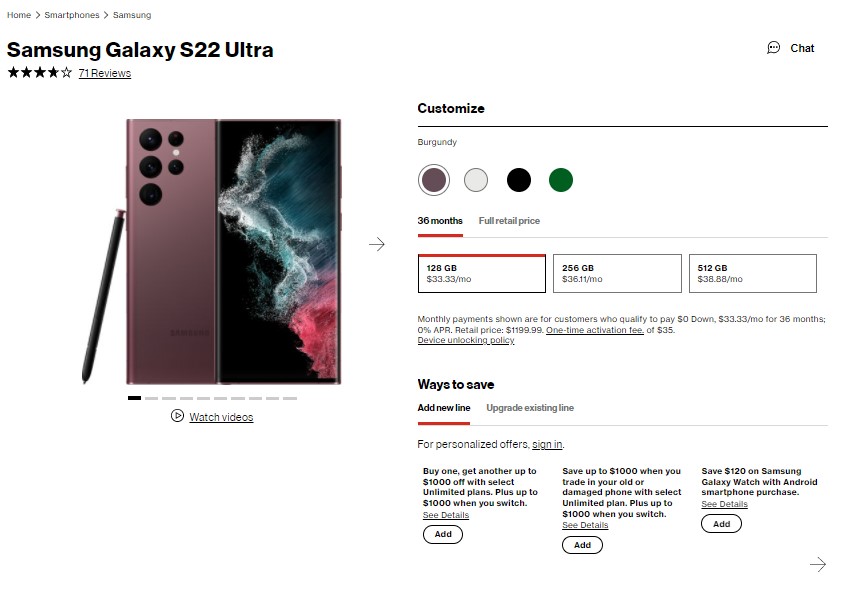 Galaxy S22 Ultra Verizon deal
