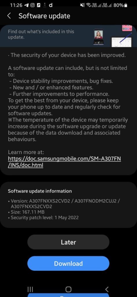 Samsung Galaxy A30s May 2022 update