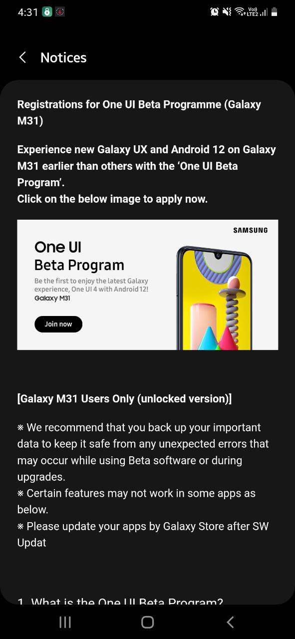 Samsung Galaxy M31 One UI 4 Beta