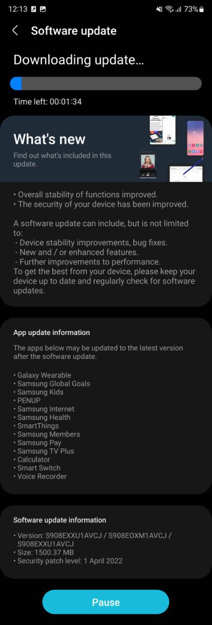 Samsung Galaxy S22 April 2022 update