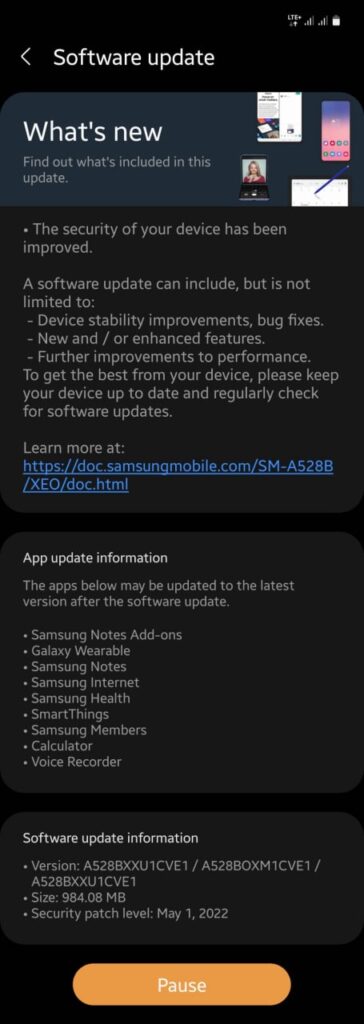 Samsung Galaxy A52s May 2022 update