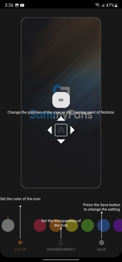 NotiStar Start icon settings on Lock screen