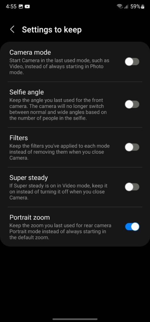 Samsung Camera settings to keep