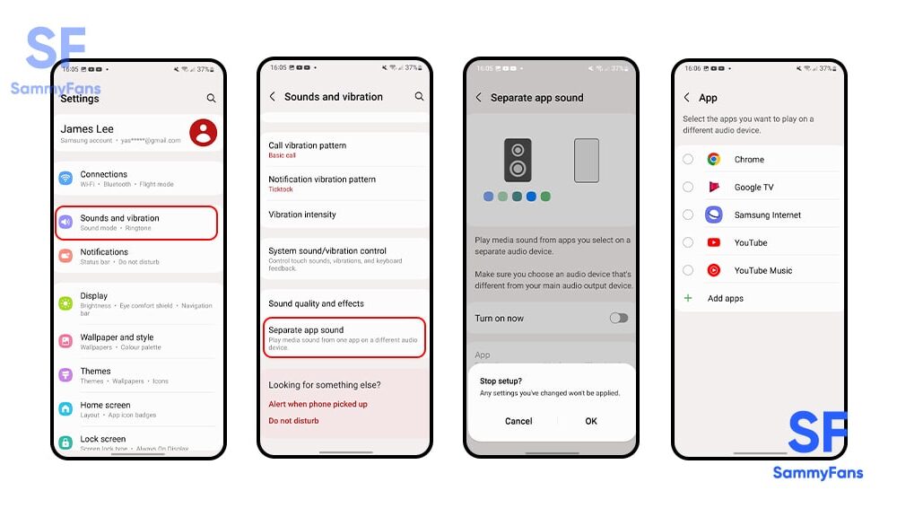 Samsung Android settings sound separate app sound Google Home