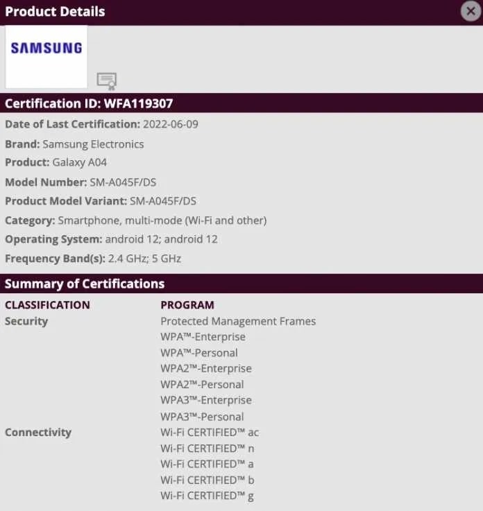 Samsung Galaxy A04 Wi-Fi Alliance
