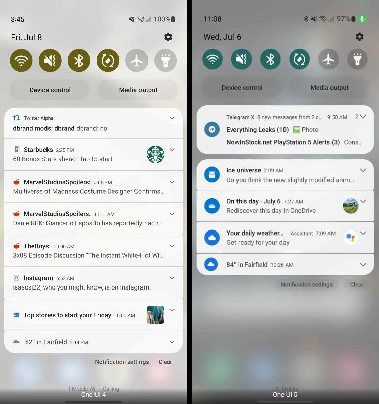Samsung One UI 5.0 notification panel design