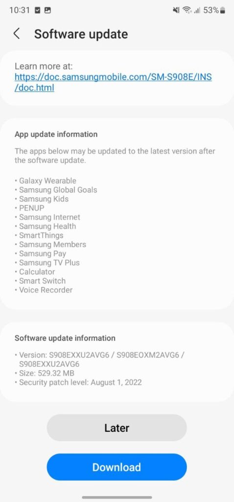 Samsung Galaxy S22 August 2022 update