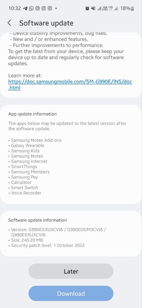 Samsung S21 FE October 2022 update