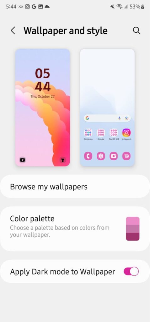 Samsung S21 One UI 5.0 Color Palette