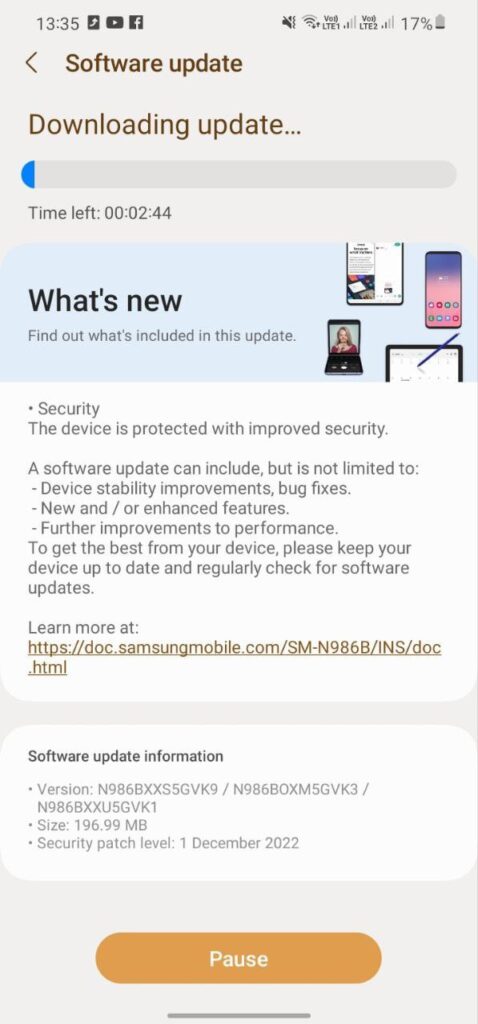Samsung Galaxy Note 20 December 2022 update
