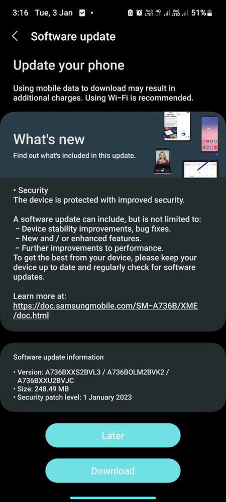 Samsung A73 January 2023 update