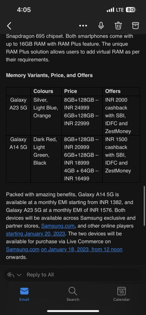 Samsung A14 A23 price offers India