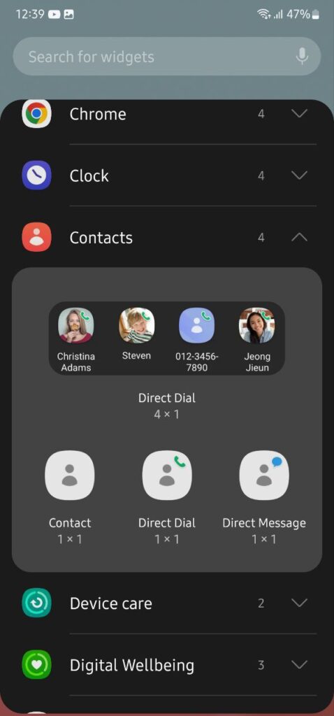 Samsung One UI 5.1 Contact widget
