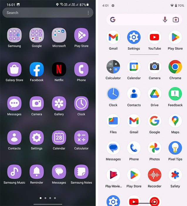 Samsung One UI app launcher and stock Android