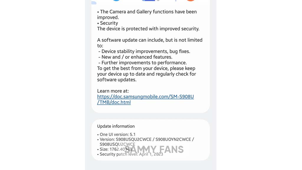 Samsung Galaxy S22 A52 April 2023 update 