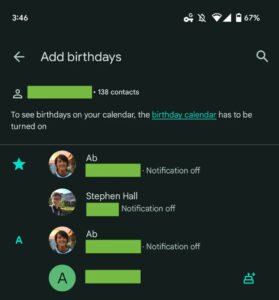 Google Contacts birthday notifications