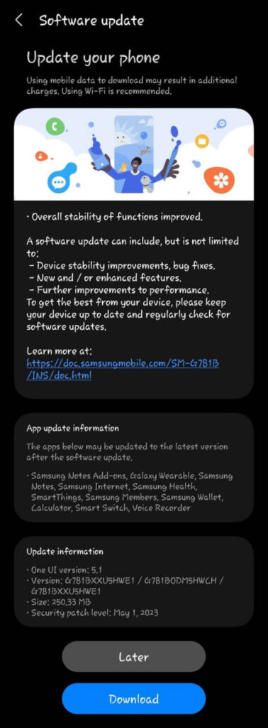 Samsung Galaxy S20 FE May 2023 update