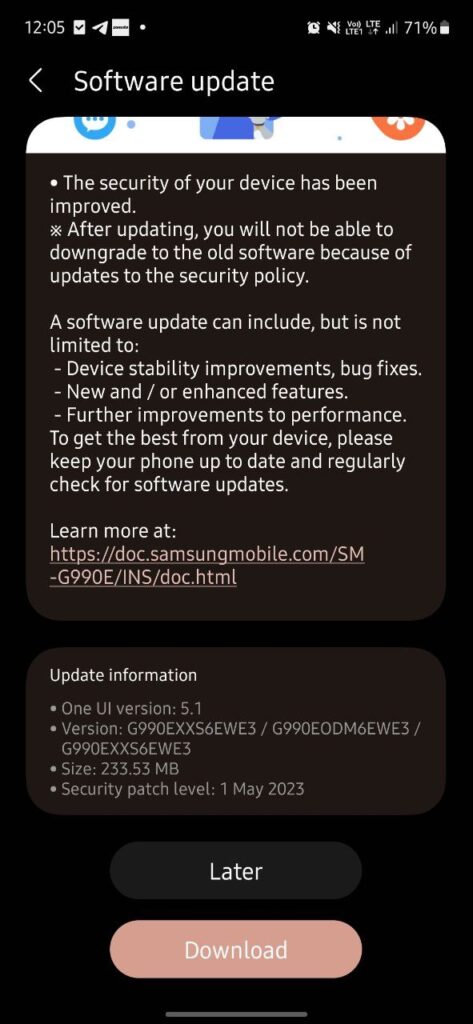 Samsung Galaxy S21FE May 2023 update India
