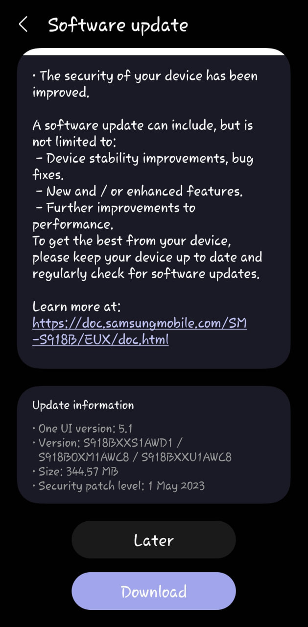Samsung Galaxy S23 May 2023 security update
