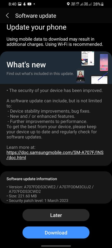 Samsung Galaxy A70s June 2023 update