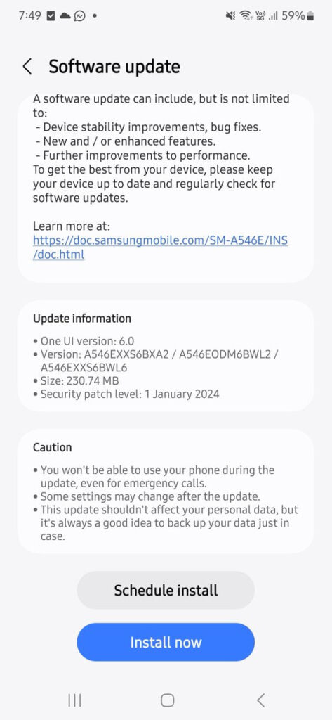 Samsung Galaxy A54 January 2024 update