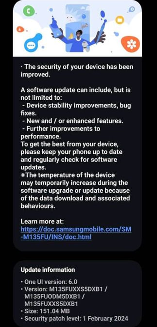 Samsung Galaxy M13 February 2024 update 