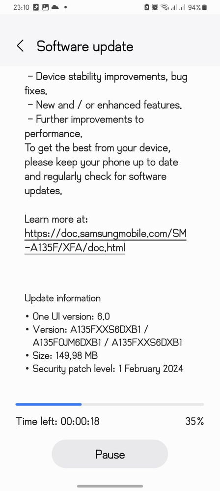 Samsung Galaxy A13 Februrary 2024 update 