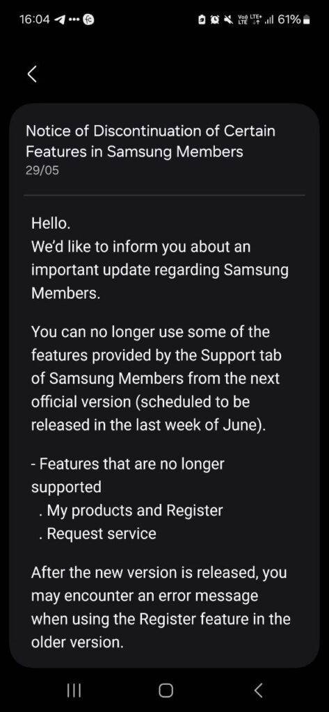 Samsung Members Support Features notice
