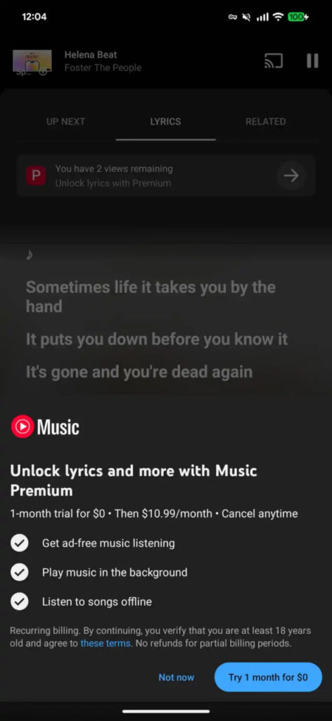 YouTube Music Lyrics PayWall