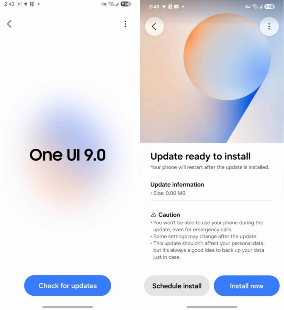 Samsung One UI 9 Software Update Screen