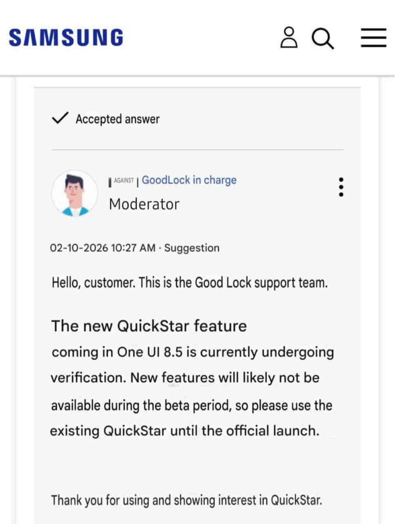 One UI 8.5 QuickStar Feature