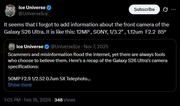 Samsung Galaxy S26 Ultra front camera