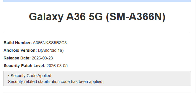 Samsung Galaxy A36 March 2026 update