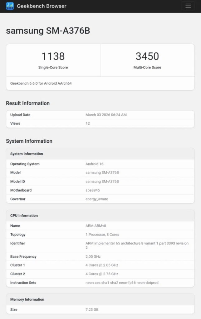 Samsung Galaxy A37 Geekbench