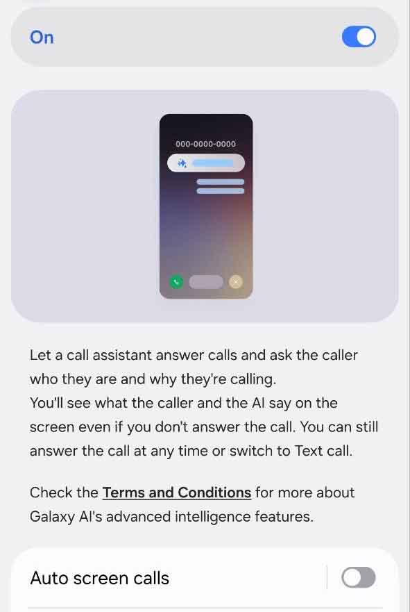 Samsung call screening feature