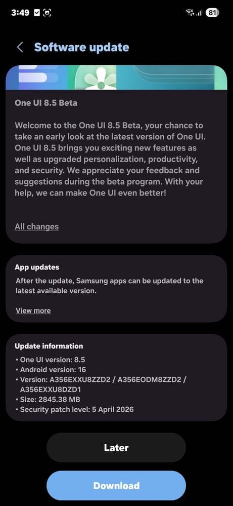 Samsung Galaxy A35 One UI 8.5 Beta
