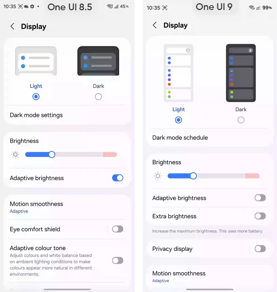 One UI 9.0 vs One UI 8.5 display settings visuals