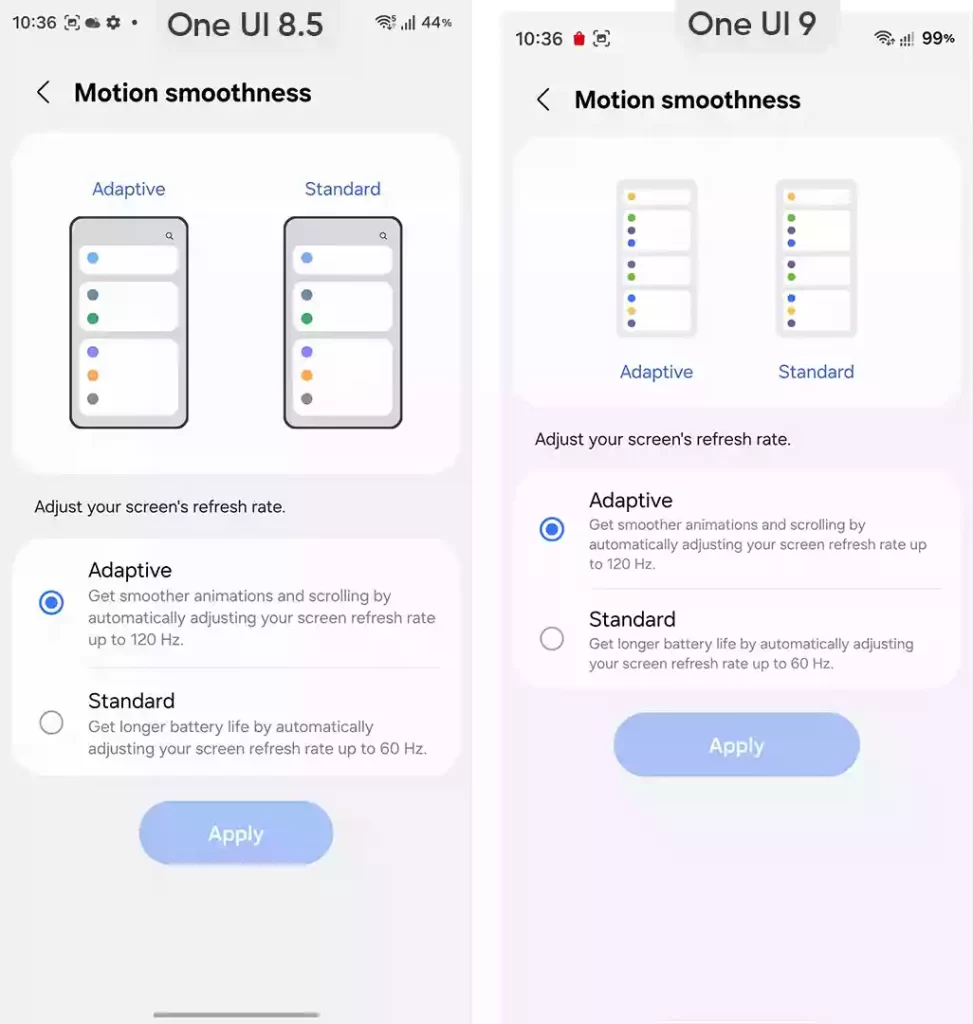 One UI 9.0 vs One UI 8.5 display settings visuals
