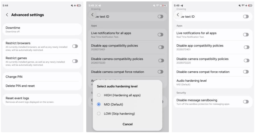 Samsung One UI 9 Audio Hardening Settings