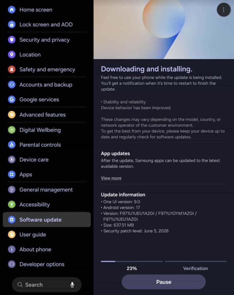 Samsung Galaxy Z Fold 8 first software update