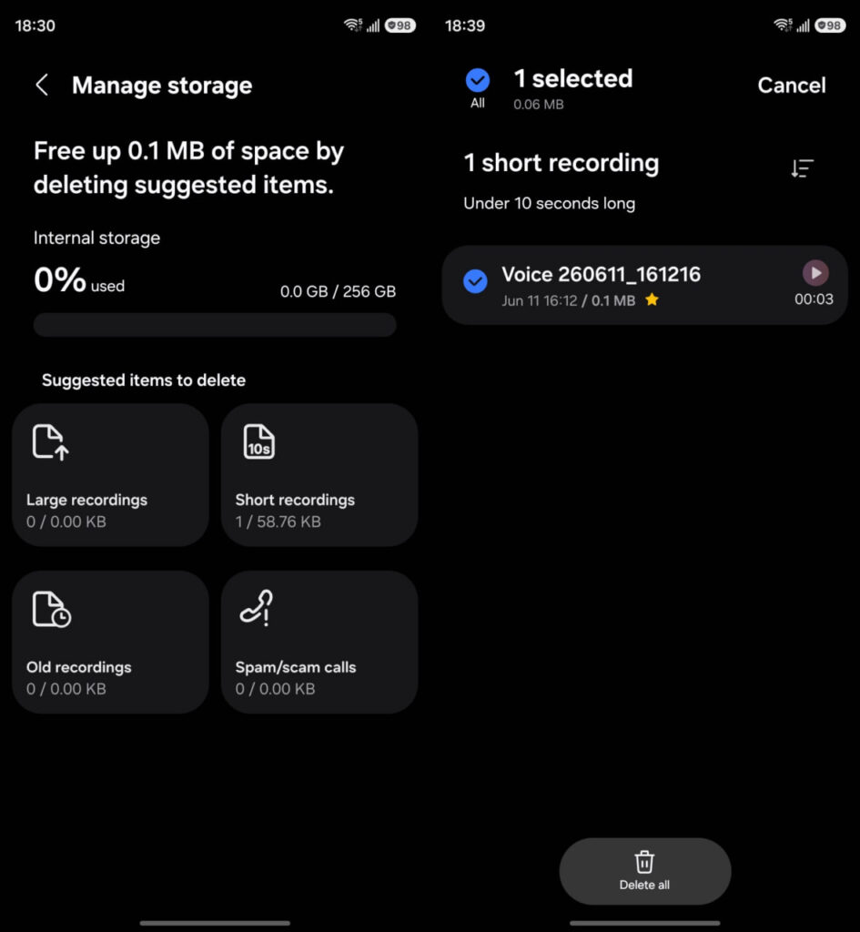 Samsung Voice Recorder Manage Storage