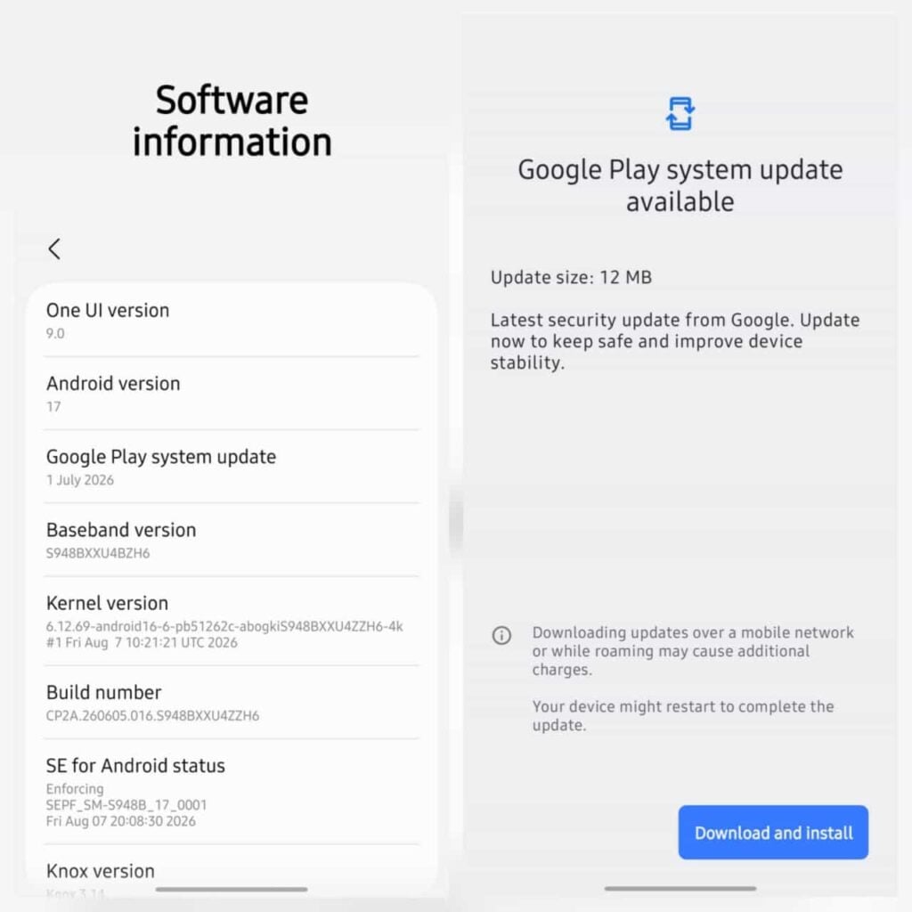 Galaxy S26 One UI 9 Beta Google Play System Update