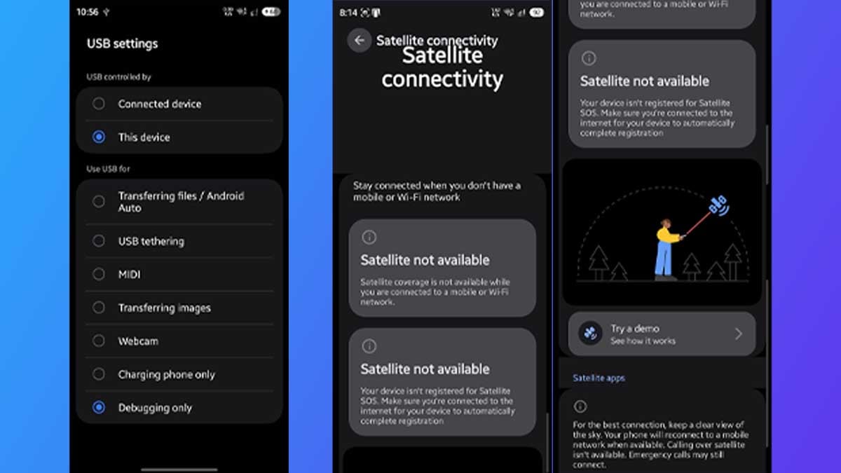 Samsung One UI 9.5 Satellite SOS Hub USB debugging features