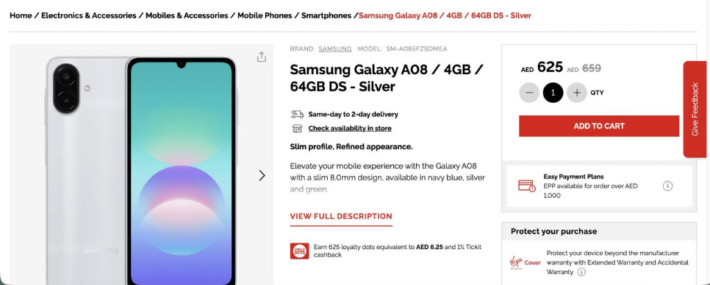 Galaxy A08 listing